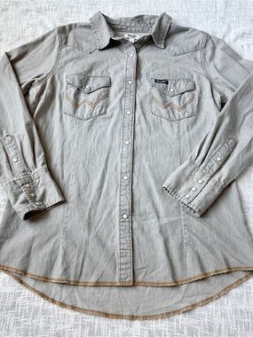Wrangler "Retro" Long Sleeve Grey Denim Western Snap Shirt 🦅 Size Large